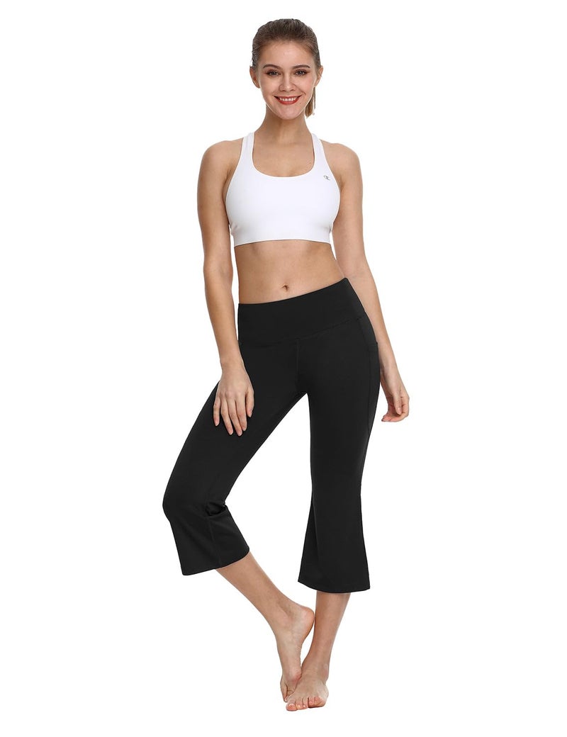 baleaf Women Flare Capri Leggings with Pockets Yoga Pants Bootcut Casual Cotton Work Summer Lounge 21" Black L - Image 4