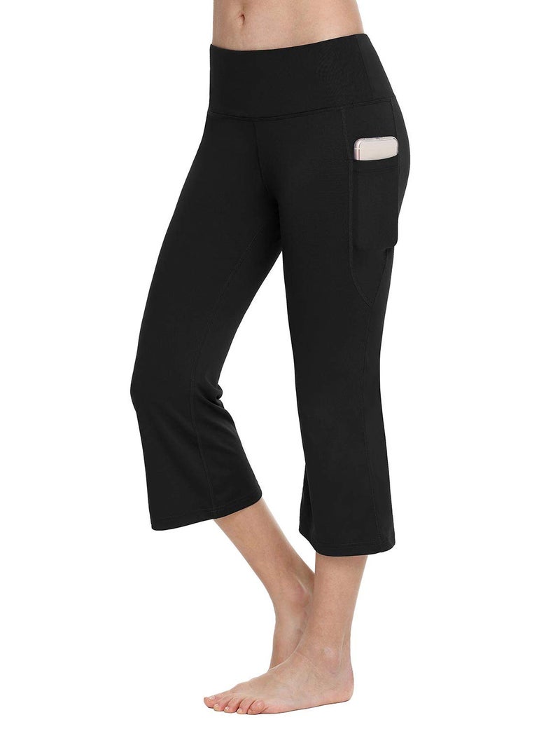 baleaf Women Flare Capri Leggings with Pockets Yoga Pants Bootcut Casual Cotton Work Summer Lounge 21" Black L - Image 3