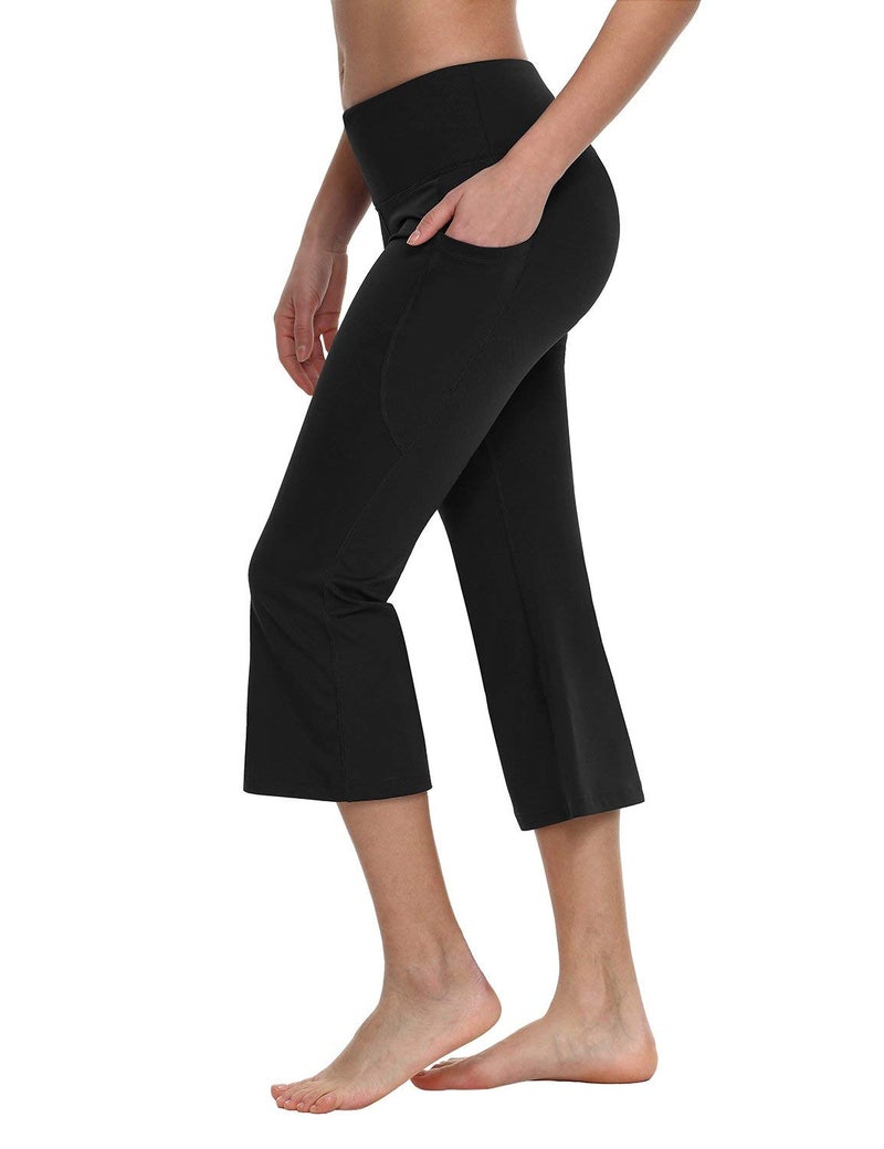 baleaf Women Flare Capri Leggings with Pockets Yoga Pants Bootcut Casual Cotton Work Summer Lounge 21" Black L - Image 1