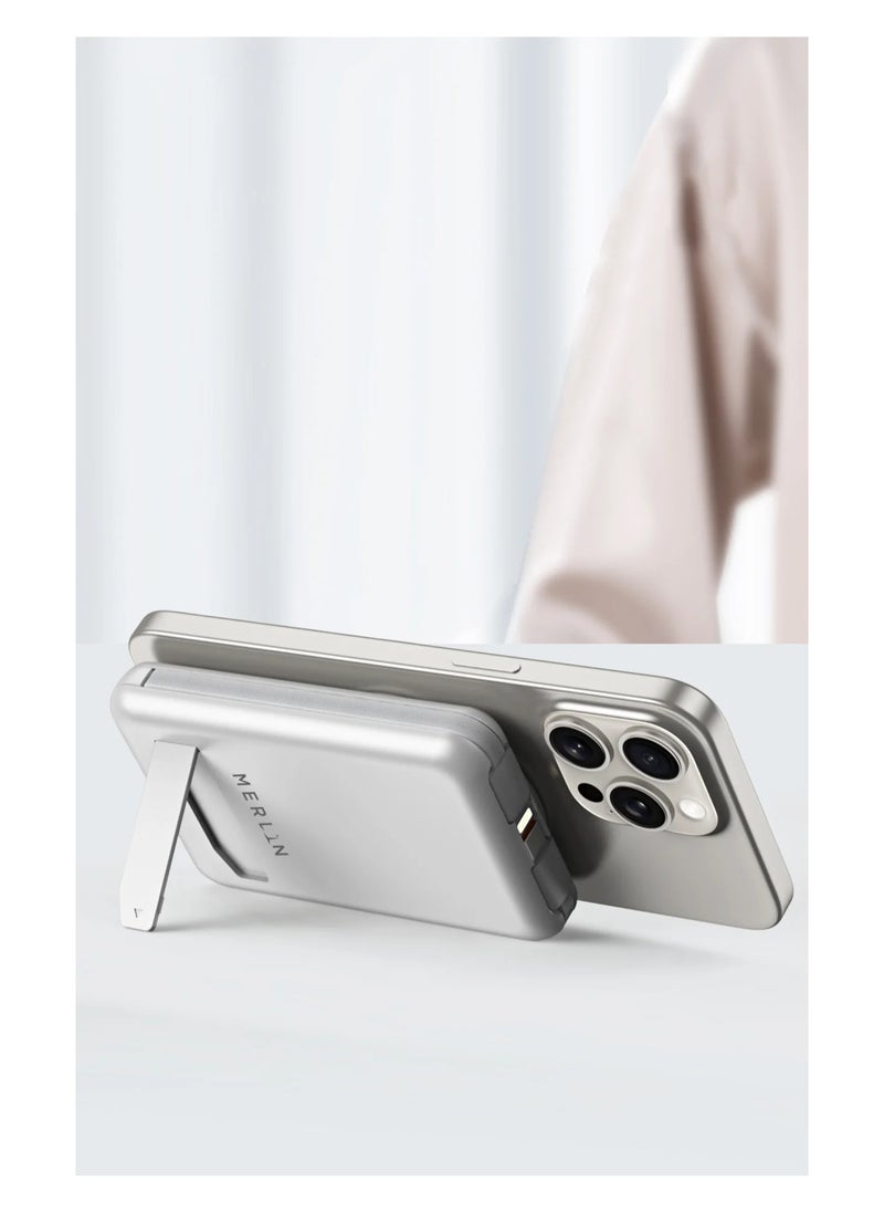Merlin - Merlin Bolt Max Pro 10000 mAh Wireless MagSafe PowerBank with Built in Type-C, Lightning Cable & Metal Kickstand - Image 1