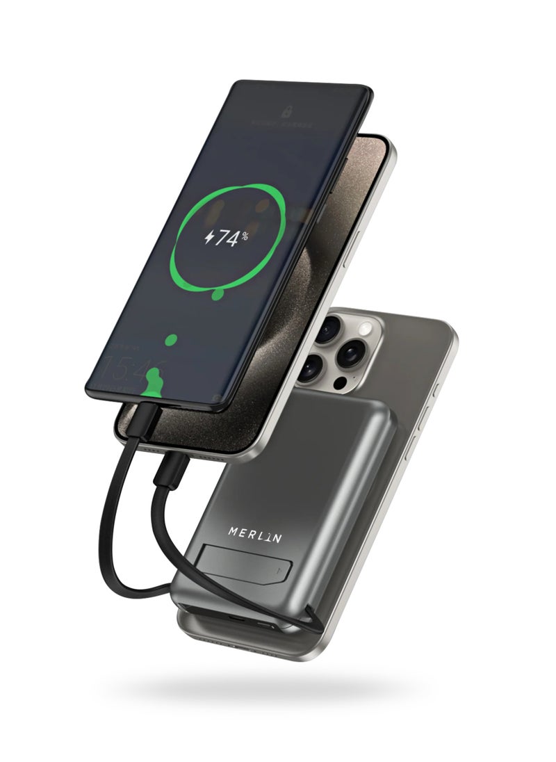 Merlin - Merlin Bolt Max Pro 10000 mAh Wireless MagSafe PowerBank with Built in Type-C, Lightning Cable & Metal Kickstand - Image 1