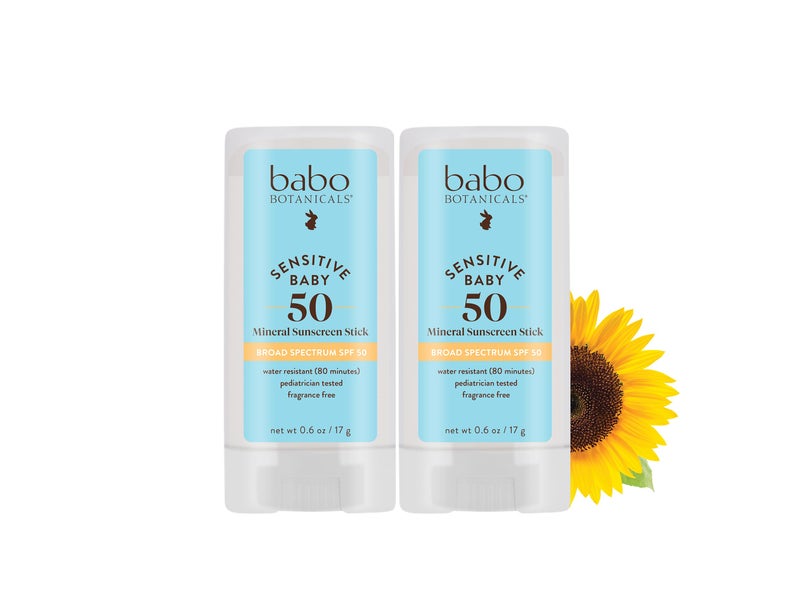 Babo Botanicals Sensitive Baby Mineral Sunscreen Stick SPF 50 - 70% Organic Ingredients - Zinc Oxide - NSF & MADE SAFE and EWG Certified - Water Resistant - Fragrance-Free - Babies & Kids - 2-Pack - Image 1