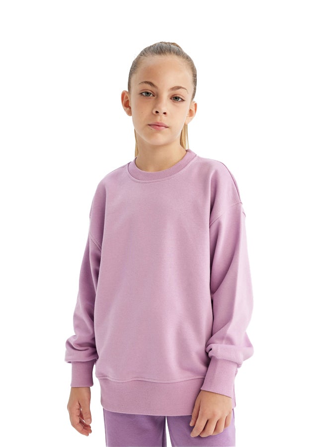 Girl Relax Fit Crew Neck Long Sleeve Knitted Sweat Shirt