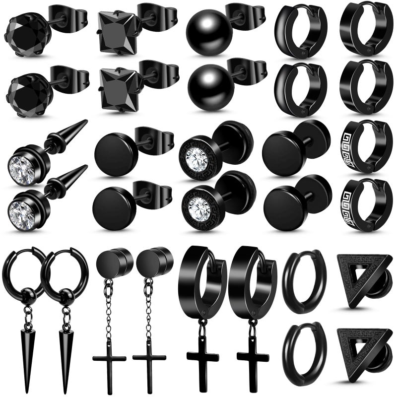 ONESING 15 Pairs Black Earrings for Men, Stainless Steel Mens Earrings set with Studs Hoop Earring Cross Dangle Earrings Hypoallergenic Ear Piercing Jewelry for Men Women - Image 1