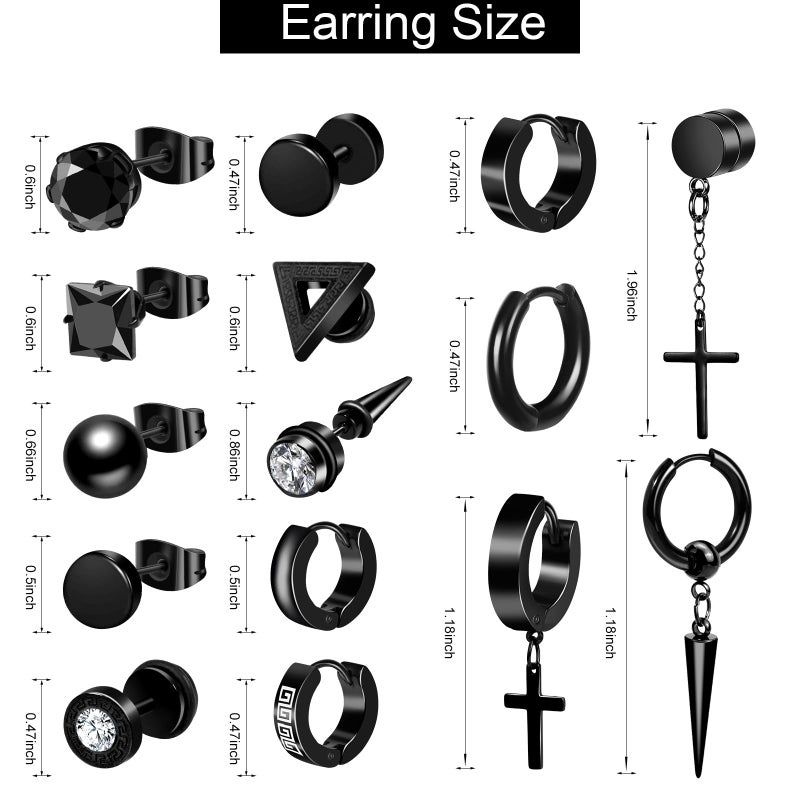 ONESING 15 Pairs Black Earrings for Men, Stainless Steel Mens Earrings set with Studs Hoop Earring Cross Dangle Earrings Hypoallergenic Ear Piercing Jewelry for Men Women - Image 2