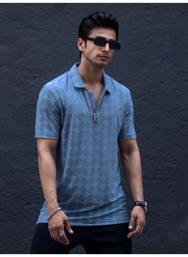 Maniac Mens Textured Polo Neck 3/4th Sleeve Blue Half Zipper Cotton Lycra Blend T-Shirt