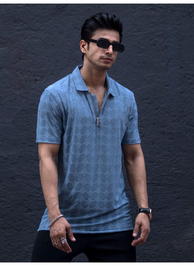 Maniac Mens Textured Polo Neck 3/4th Sleeve Blue Half Zipper Cotton Lycra Blend T-Shirt  - Image 3