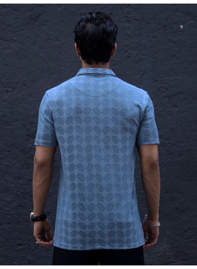 Maniac Mens Textured Polo Neck 3/4th Sleeve Blue Half Zipper Cotton Lycra Blend T-Shirt  - Image 4
