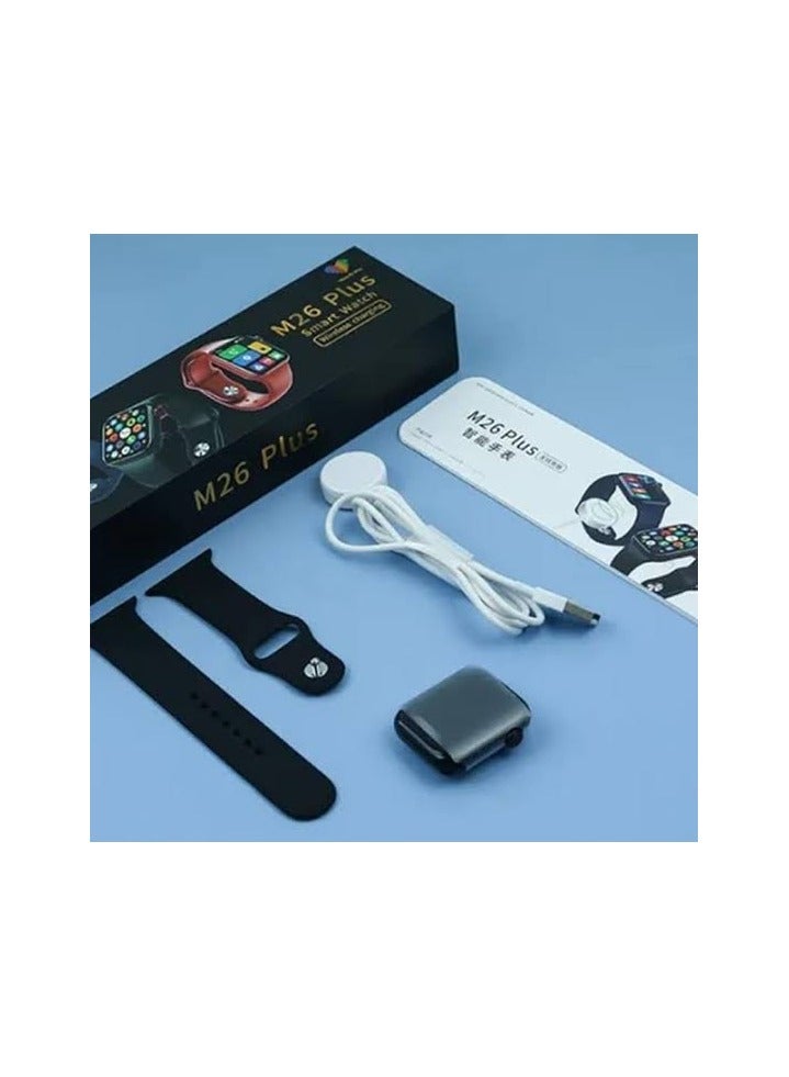 في & حول الساعة الذكية Smart Watch M26 Plus هتقدر تقيس معدل ضربات القلب لو فى الجيم  وكمان جهاز مراقبة الأكسجين في الدم ، ومراقبة النوم  وكمان بتتشحن لاسلكي لسهولة وسرعة الشحن  تناسب جميع الاعمار ومناسبً للرجال والنساء  تشتغل على موبايل Android – ios - Image 1