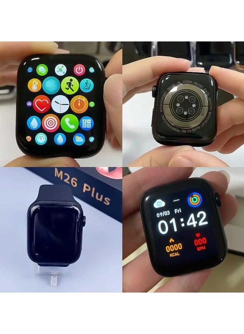 في & حول الساعة الذكية Smart Watch M26 Plus هتقدر تقيس معدل ضربات القلب لو فى الجيم  وكمان جهاز مراقبة الأكسجين في الدم ، ومراقبة النوم  وكمان بتتشحن لاسلكي لسهولة وسرعة الشحن  تناسب جميع الاعمار ومناسبً للرجال والنساء  تشتغل على موبايل Android – ios - Image 2