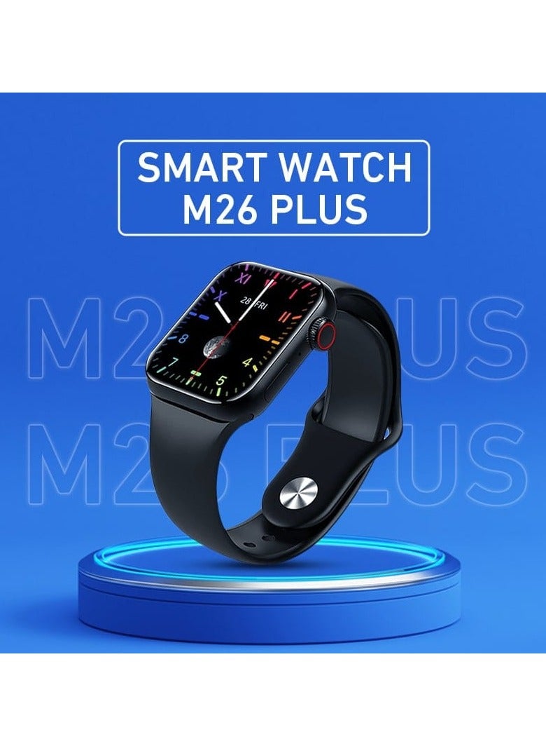 في & حول الساعة الذكية Smart Watch M26 Plus هتقدر تقيس معدل ضربات القلب لو فى الجيم  وكمان جهاز مراقبة الأكسجين في الدم ، ومراقبة النوم  وكمان بتتشحن لاسلكي لسهولة وسرعة الشحن  تناسب جميع الاعمار ومناسبً للرجال والنساء  تشتغل على موبايل Android – ios - Image 3