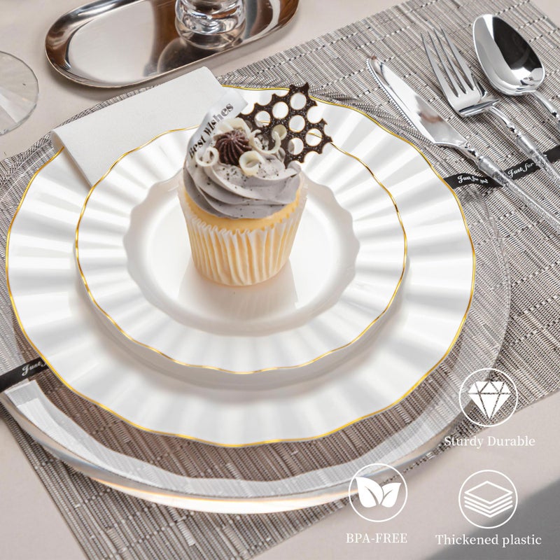 QualQuot 120PCS Pearl White Plastic Plates, Heavy Duty Disposable Party Plates with Gold Rim, 60 Dinner & 60 Dessert for Parties and Wedding - Image 3