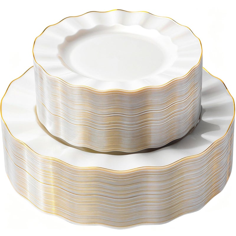 QualQuot 120PCS Pearl White Plastic Plates, Heavy Duty Disposable Party Plates with Gold Rim, 60 Dinner & 60 Dessert for Parties and Wedding - Image 1