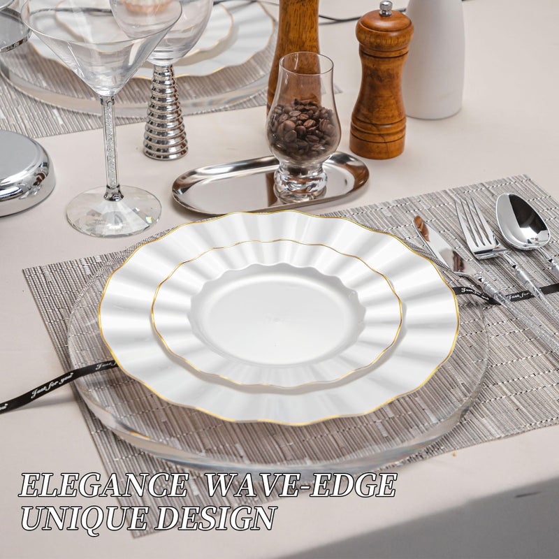 QualQuot 120PCS Pearl White Plastic Plates, Heavy Duty Disposable Party Plates with Gold Rim, 60 Dinner & 60 Dessert for Parties and Wedding - Image 5