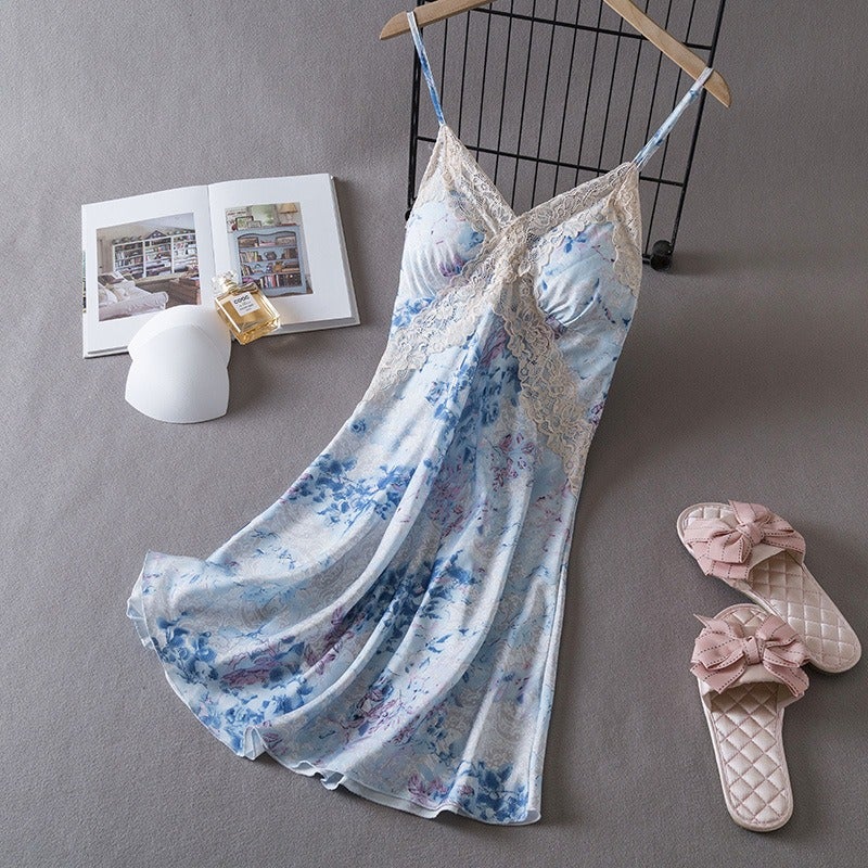Qi Ta Women's Satin Silk Cami Nightdress with Lace & Built-in Bra - Thin Ice Silk Sleepwear for Spring Summer - Image 1
