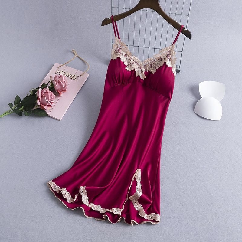 Qi Ta Women's Satin Silk Cami Nightdress with Lace & Built-in Bra - Thin Ice Silk Sleepwear for Spring Summer - Image 4