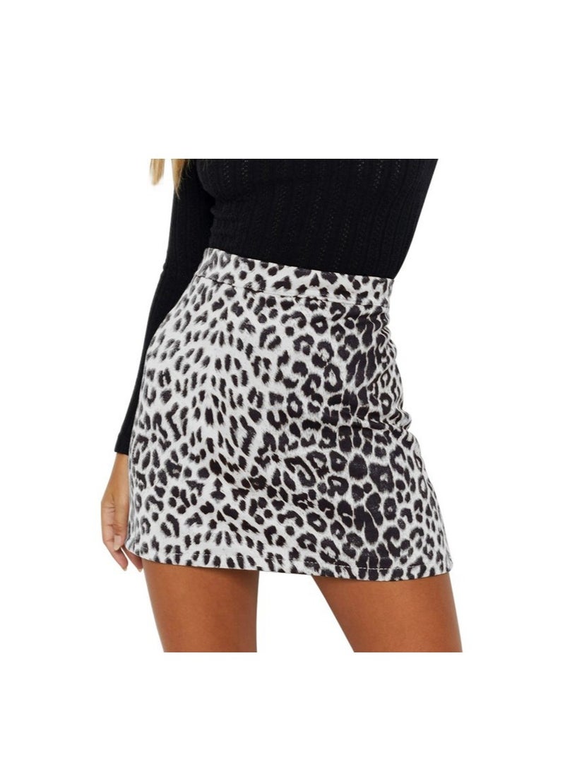 Loquat Fashion Women's Leopard Print High Waist Zipper Autumn And Winter A-line Slim Short Skirt 