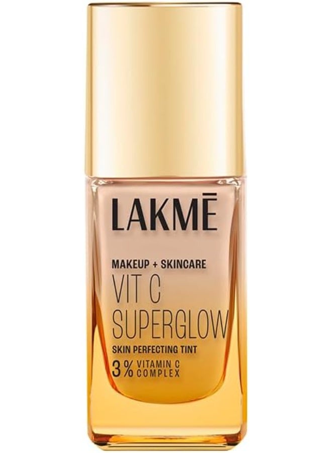 LAKME Makeup+Skincare VitC Superglow Skin Perfecting Natural Liquid Tint, Medium Coverage, Warm Sand W160, 25ml (All Skin Type) - Image 1