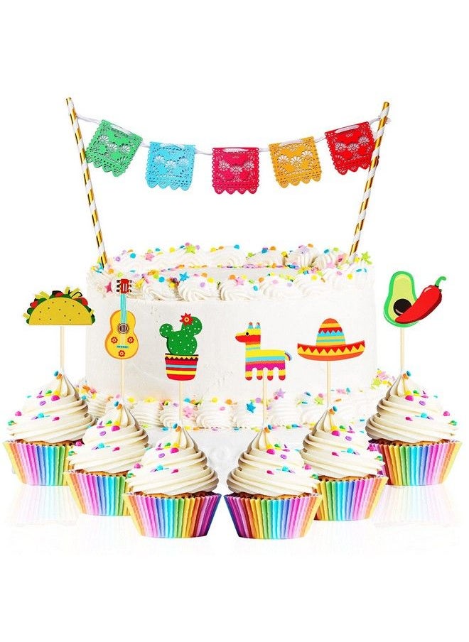 Outus - 43 Pcs Fiesta Cupcake Topper And Picado Banner For Fiesta Party Decorations Mexican Cake Topper For Mexican Themed Cactus Donkey Taco Pepper Sombrero Mustache Party Decorations (Fresh Style) - Image 1