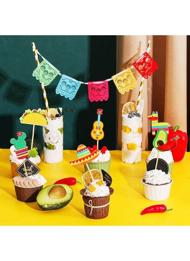 Outus - 43 Pcs Fiesta Cupcake Topper And Picado Banner For Fiesta Party Decorations Mexican Cake Topper For Mexican Themed Cactus Donkey Taco Pepper Sombrero Mustache Party Decorations (Fresh Style) - Image 1