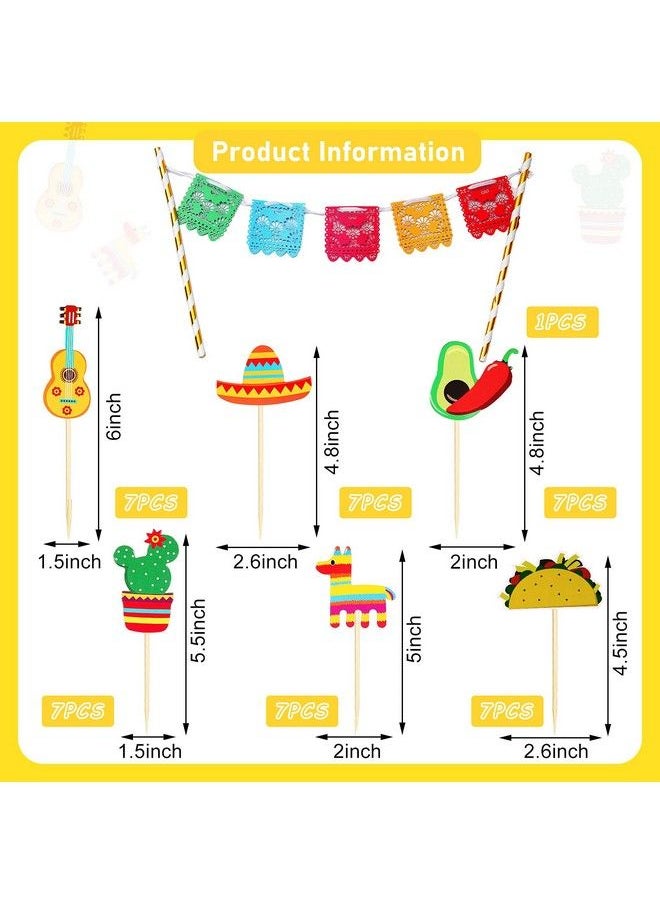 Outus - 43 Pcs Fiesta Cupcake Topper And Picado Banner For Fiesta Party Decorations Mexican Cake Topper For Mexican Themed Cactus Donkey Taco Pepper Sombrero Mustache Party Decorations (Fresh Style) - Image 1