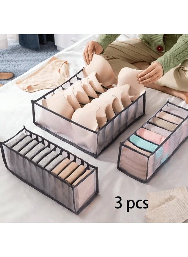 3PCS Foldable Underwear Drawer Organizer for Closet – 6/7/11 Grid Closet Storage Bins for Bras, Panties, Socks, Ties & Accessories – Breathable Drawer Dividers for Wardrobe, Dresser, Dorm & Bathroom Use  - Image 1
