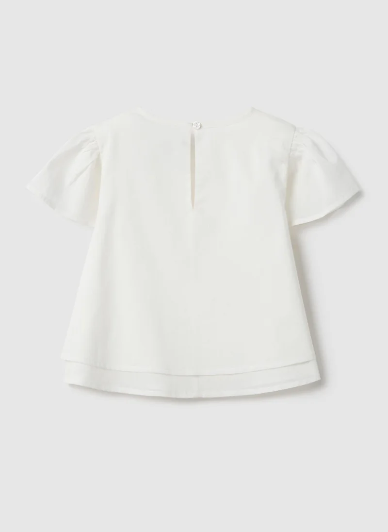او في اس Ovs Girls' White Pure Cotton Blouse Regular Fit With Embroidery