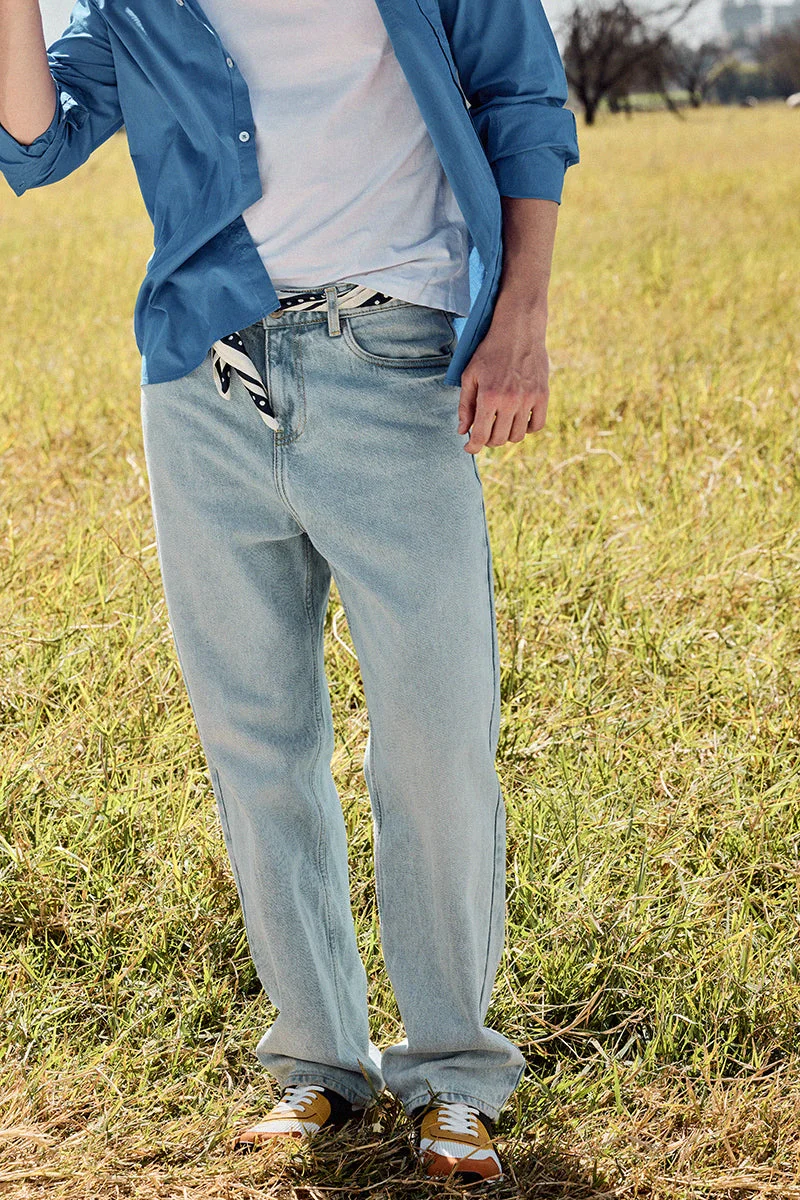 سنيتش Light Blue Solid Loose Fit Streetwear Jeans