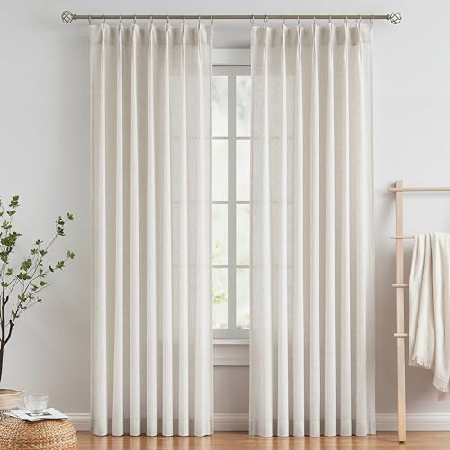 Vision Home Natural Pinch Pleated Semi Sheer Curtains Textured Linen Blended Light Filtering Window Curtains 102 inch for Living Room Bedroom Pinch Pleat Drapes with Hooks 2 Panels 42" Wx102 L - Image 1