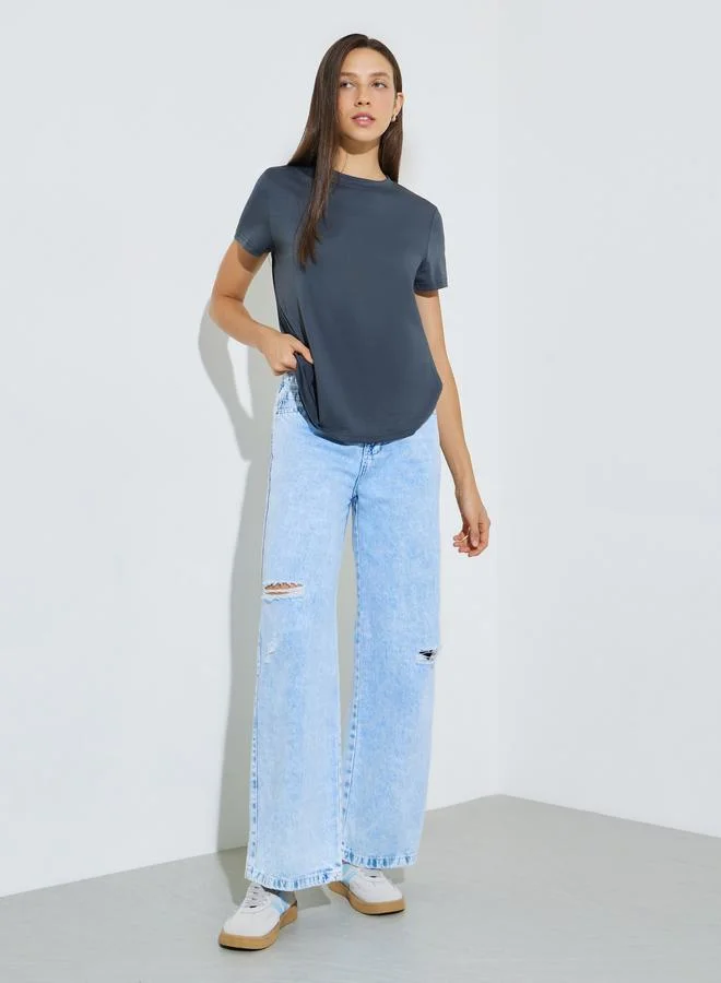 Styli Grey Plain Crew Neck Regular Fit T-Shirt