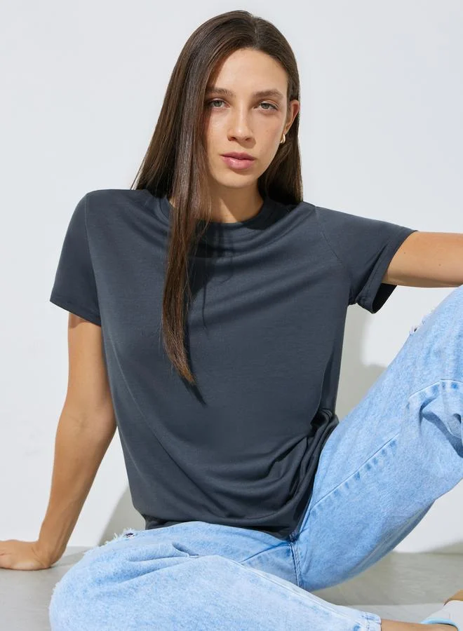 Styli Grey Plain Crew Neck Regular Fit T-Shirt