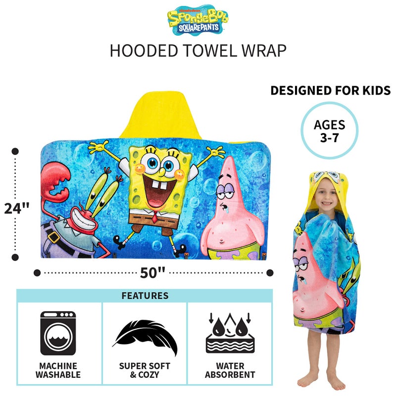 Franco Kids Bath and Beach Soft Cotton Terry Hooded Towel Wrap, 24 in x 50 in, SpongeBob SquarePants - Image 5