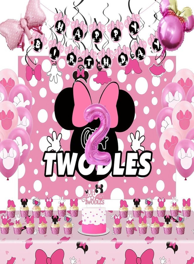 أو روي مستلزمات حفلة عيد الميلاد الثاني بفأر وردي، زينة حفلة عيد ميلاد ثانية للبنات من Oh Twodles، مجموعة زينة عيد ميلاد بطابع فأر كرتوني - Image 2