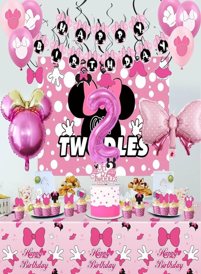 أو روي مستلزمات حفلة عيد الميلاد الثاني بفأر وردي، زينة حفلة عيد ميلاد ثانية للبنات من Oh Twodles، مجموعة زينة عيد ميلاد بطابع فأر كرتوني - Image 4