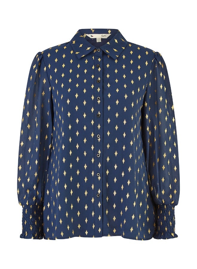 Yumi Diamond Foil Print Top With Ruched Cuff - Image 1