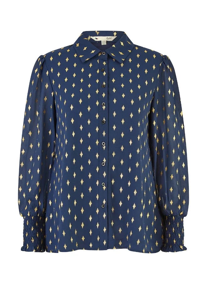 Yumi Diamond Foil Print Top With Ruched Cuff