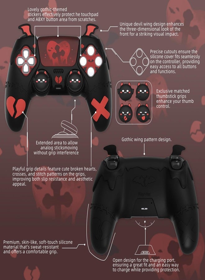 PlayVital Gothic Imp Series Cute Silicone Case for ps5 Controller with 4 Thumb Grips and 6 Stickers, Anti-Slip Silicone Skin Cover, Compatible with ps5 Charging Station, Black - Image 2