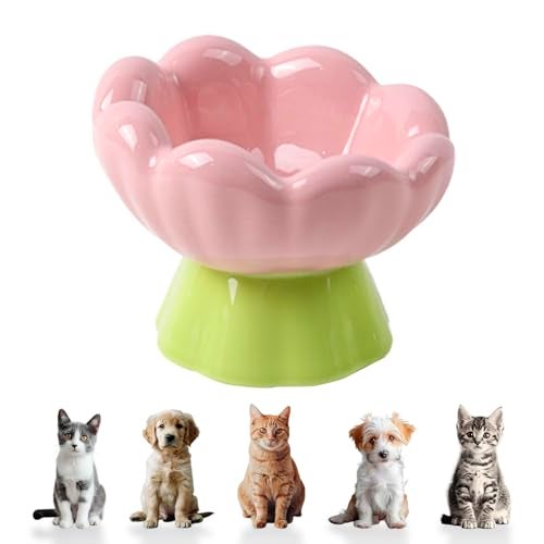 DIF DECO Ceramic Raised Cat Bowl, Pink Elevated Food Bowls for Food and Water Protecting Spine and Whiskelfriendly,Tulip Shape Cute Pet Feeder Dish for Indoor Cats and Small Doas(Height 4.1 inch) - Image 1