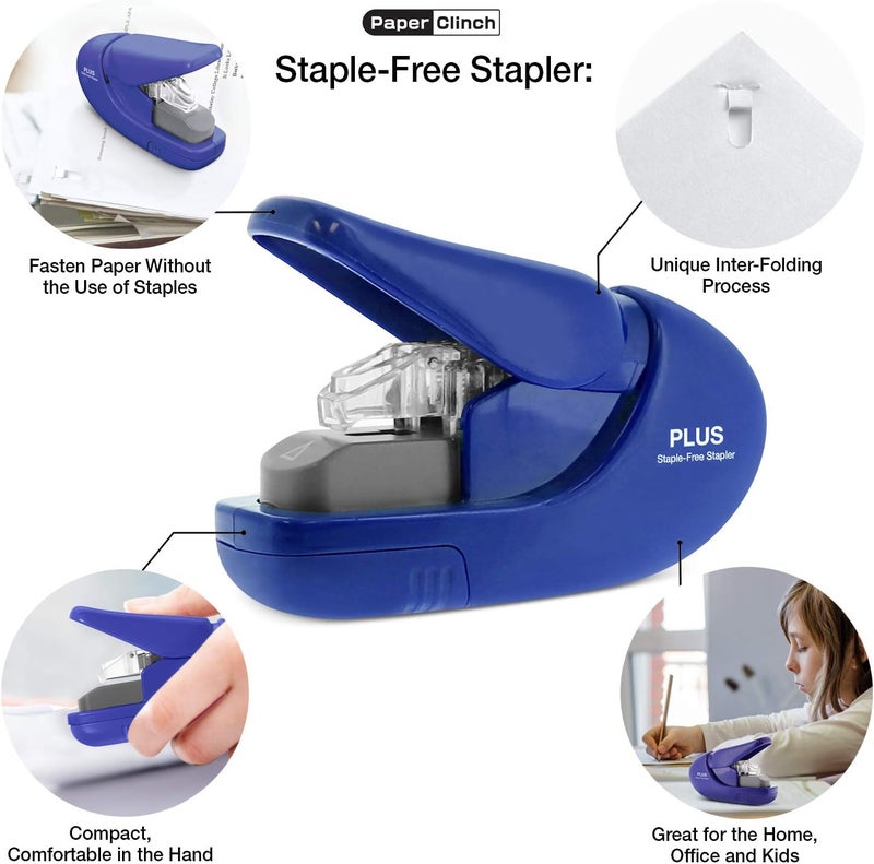 Plus Paper Clinch Compact Staple-Free Stapler, Blue Advanced compact design - Image 2