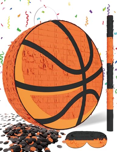 LAKINGO Basketball Piata Includes Wooden Stick Blindfold and Confetti 13x13x3 Perfect for Sports Party Decorations and Basketball Pinatas for Birthday Party - Image 1
