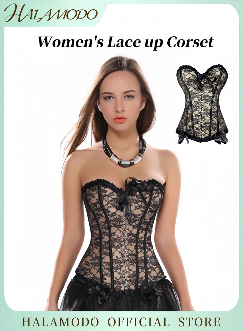 HALAMODO Women's Lace up Corset Waist Cincher Overbust Satin Plus Size Renaissance Corsets Floral Trim Shapewear Bustier Fashion Lingerie Costume - Image 1