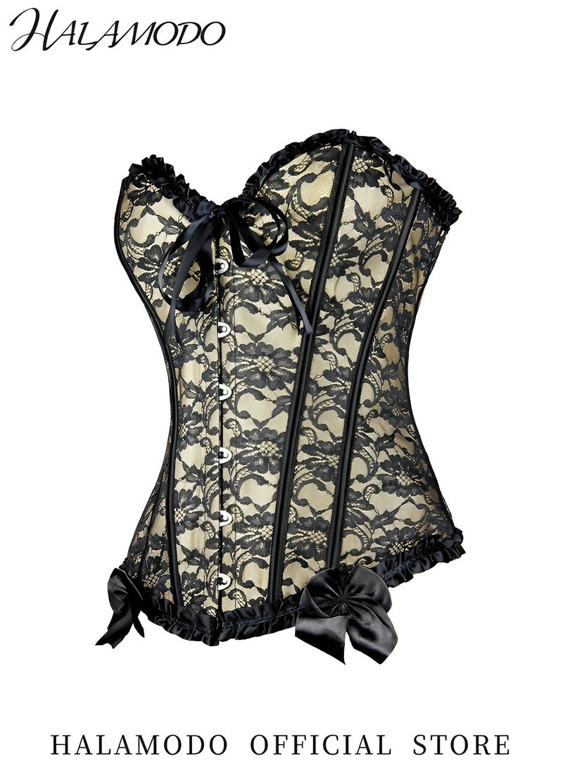 HALAMODO Women's Lace up Corset Waist Cincher Overbust Satin Plus Size Renaissance Corsets Floral Trim Shapewear Bustier Fashion Lingerie Costume - Image 3