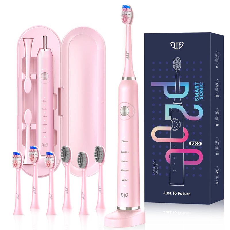JTF Sonic Electric Toothbrush - with Travel Case and 6 Brush Heads, Fast Charging toothbrushes for 60 Days Long Lasting, 5 Modes Power Toothbrush for Women, Pink - Image 1