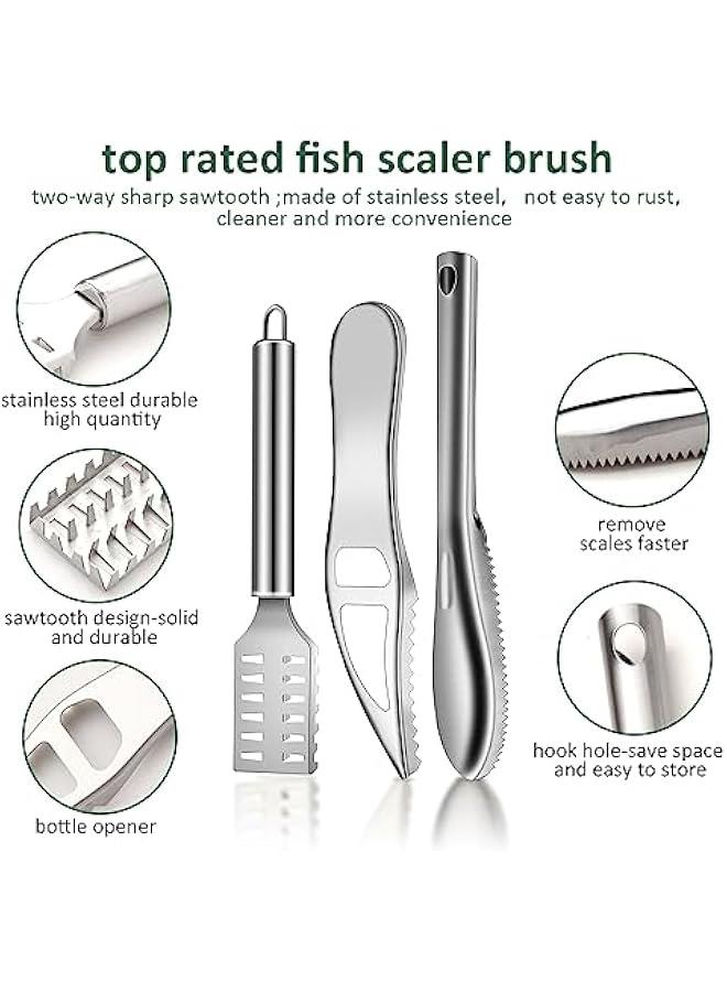 3Pcs Fish Scaler Remover, Fish Scaler Brush, Stainless Steel Fish Cleaning Kit Fish Scaler Fish Skin Graters Cleaning Peeler Scaler Scraper with Bottle Opener for Kitchen Fish Scales Removing Peelin - Image 2