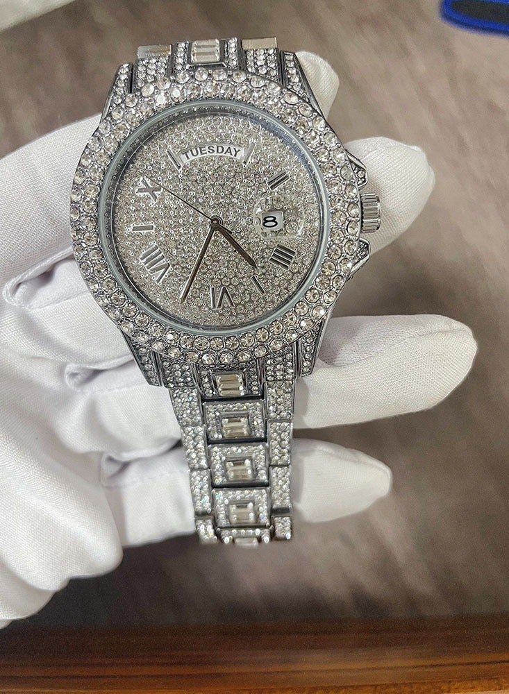 MISS FOX Men's Diamond Watch Fashion Crystal Rhinestone Quartz Watch Iced-Out Bracelet Wrist Watch Full Diamond Hip Hop Water Ghost Week Calendar Men's Watch - Image 2
