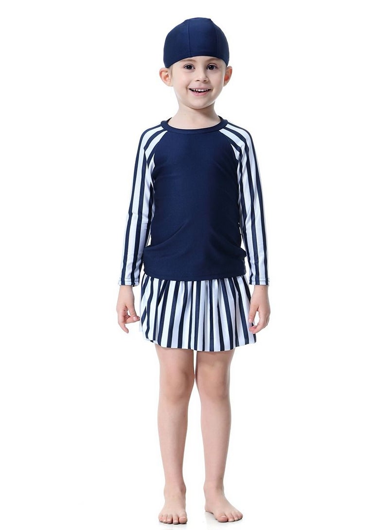 Loquat Girl's 3-Piece Stripes Pattern Swimwear Set Long Sleeve Burkini Swimsuit With Skirt Navy Blue/White  - Image 1