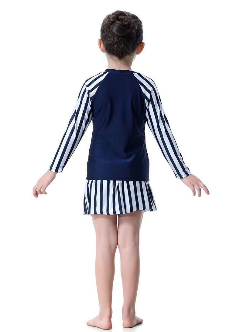 Loquat Girl's 3-Piece Stripes Pattern Swimwear Set Long Sleeve Burkini Swimsuit With Skirt Navy Blue/White  - Image 2