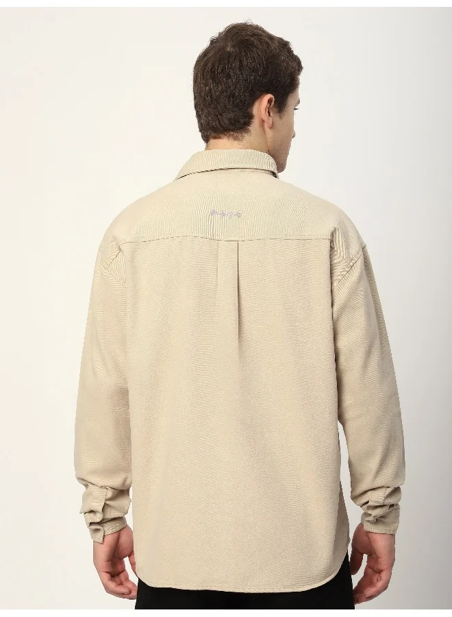 Beyoung Cream Dual Pocket Embroidered Shirt