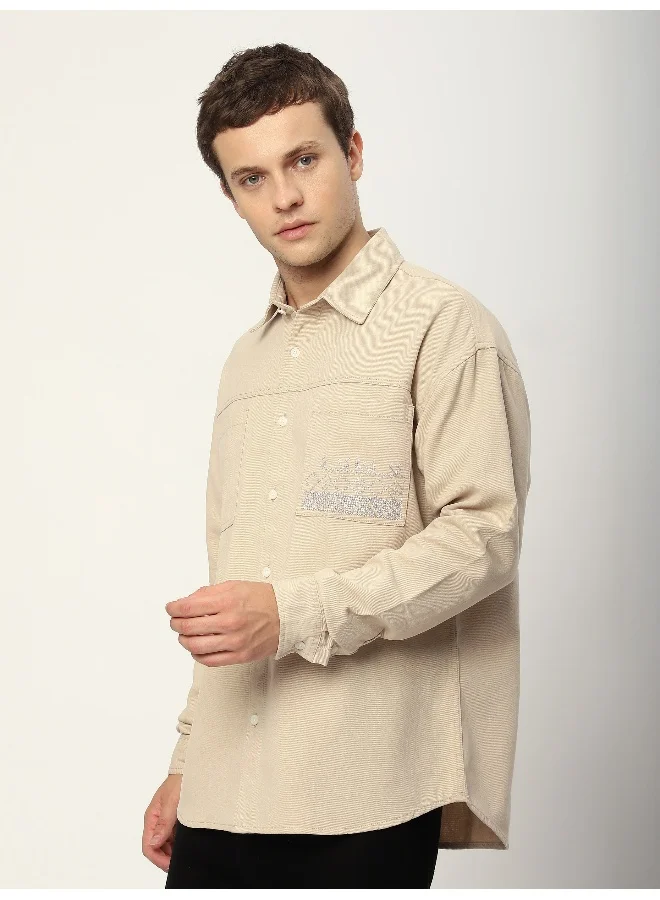 Beyoung Cream Dual Pocket Embroidered Shirt