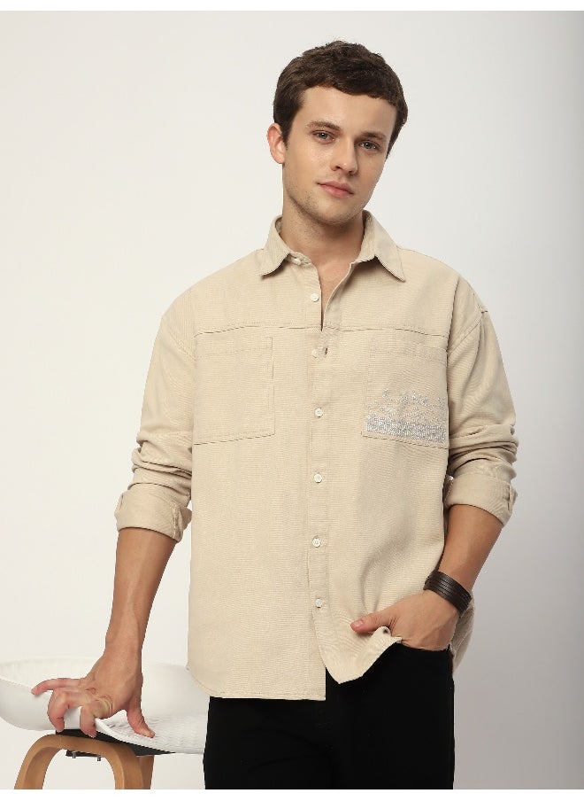 Beyoung - Cream Dual Pocket Embroidered Shirt - Image 1